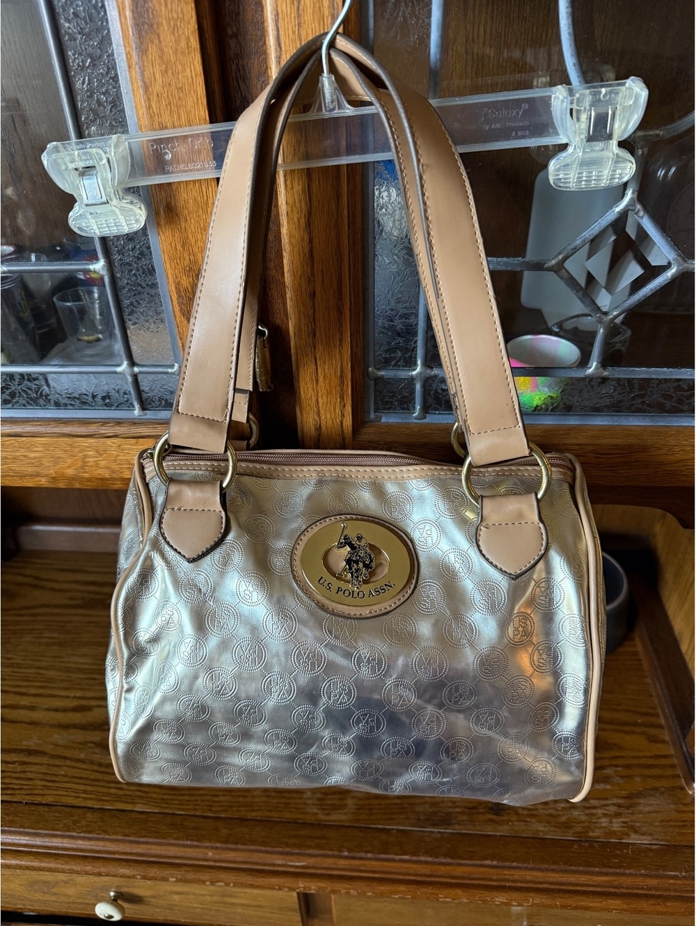 U.S. Polo Assn. Gold Metallic Embossed Satchel Bag Handbag Logo Purse